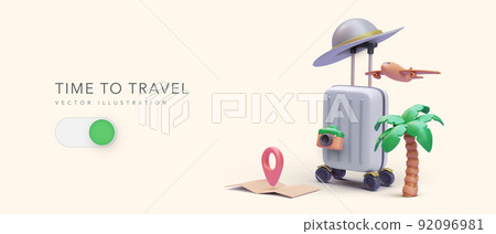 Time to travel concept poster in 3d realistic style with suitcase, palm tree, hat, camera, airplane, map. Vector illustration Time to travel concept poster in 3d realistic style with suitcase, palm tree, hat, camera, airplane, map. Vector illustration 92096981