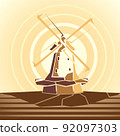 Simple cartoon illustrations of windmill at sunset. 92097303