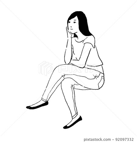 Vector line drawing illustration of thinking woman 92097332