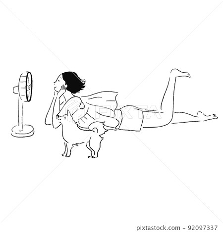 A woman lying down, a dog, a fan, relaxing A woman lying down, a dog, a fan, relaxing 92097337