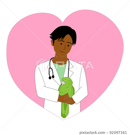 Illustration of a green parrot and a young black male veterinarian Heart mark 92097381