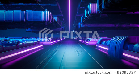 3d rendering futuristic metal sci fi corridor with blue and pink neon light. 92099357