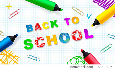 Back to school - Notebook worksheet with colored markers and doodles. Vector Back to school - Notebook worksheet with colored markers and doodles. Vector 92099486