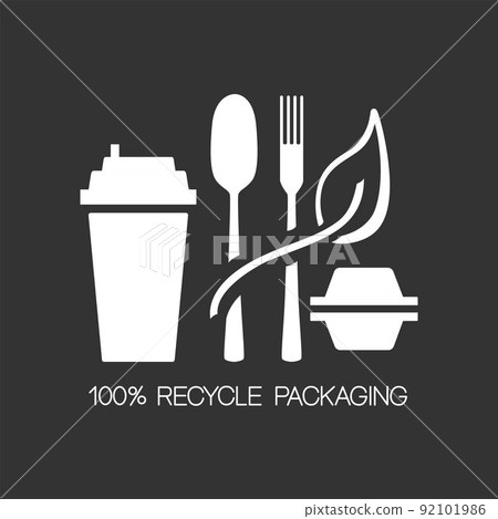 Fast food and take away eco packaging symbol for restaurant, cafe, bistro and diner. Plastic free and recyclable. Vector stock illustration isolated on black background. EPS10 92101986