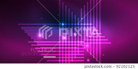 Background neon glowing lines and geometric shapes. Lights in the dark wallpaper for concept of AI technology, blockchain, digital, communication, 5G, science 92102123