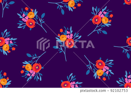 Contemporary abstract floral print with natural flowers on greensward for digital surface and dress in ditsy style ,stylized vector template Contemporary abstract floral print with natural flowers on greensward for digital surface and dress in ditsy style ,stylized vector template 92102753