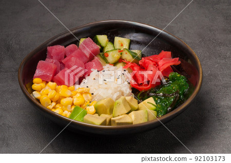poke with tuna, avocado, cucumber, corn, seaweed poke with tuna, avocado, cucumber, corn, seaweed 92103173