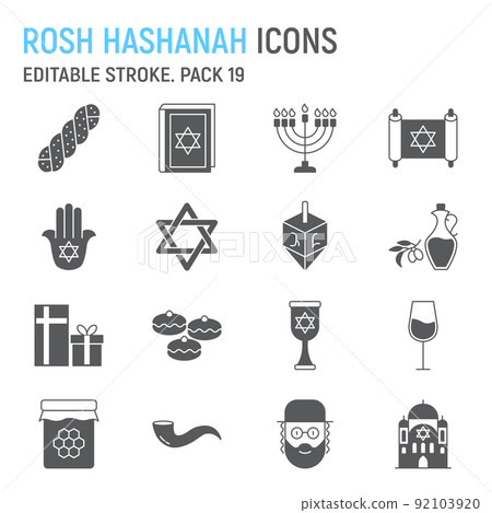 Rosh Hashanah glyph icon set, hanukkah collection, vector graphics, logo illustrations, Rosh Hashanah vector icons, jewish signs, solid pictograms, editable stroke 92103920