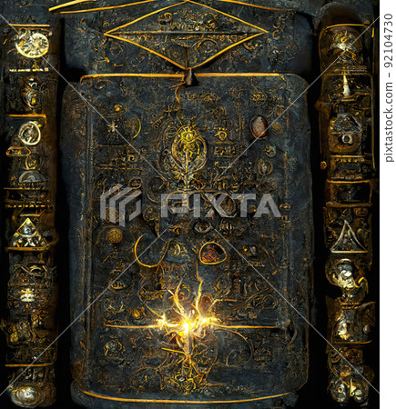Ancient Book with Glowing Magic Spells and Runes. Occult, Esoteric, Divination and Wicca Concept. Halloween Vintage Background 92104730