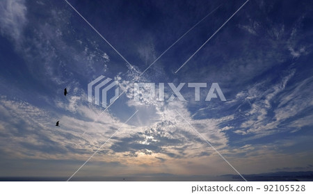 The evening sky of Tanabata, 220707pm, where the black kite danced in the refreshing summer sky where the upper clouds spread. The evening sky of Tanabata, 220707pm, where the black kite danced in the refreshing summer sky where the upper clouds spread. 92105528