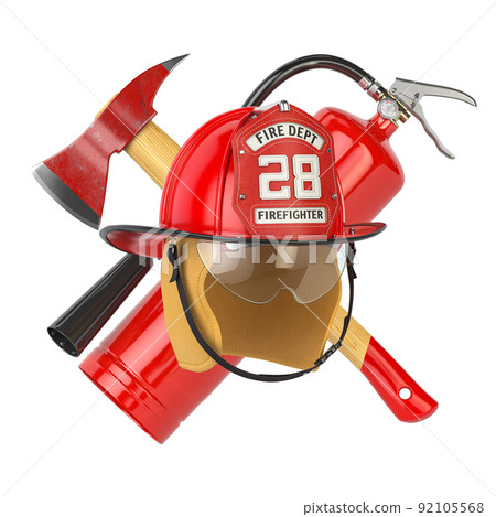 Fire Deprtment Emblem. Firefighter badge on a helmet with fire extinguisher and axe. Fire Deprtment Emblem. Firefighter badge on a helmet with fire extinguisher and axe. 92105568