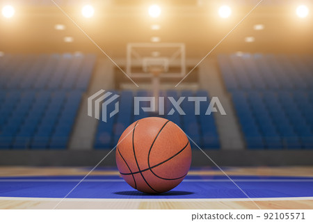 Basketball ball on the fllor of empty basketball arena. 92105571