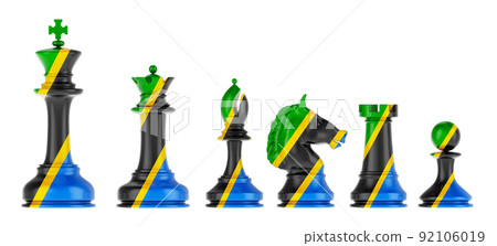 Chess figures with Tanzanian flag, 3D rendering Chess figures with Tanzanian flag, 3D rendering 92106019