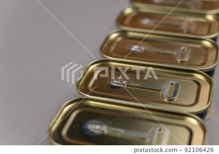 Close-up of metal canning tins against a gray background. Rectangular containers of canned food. Selective focus. 92106426