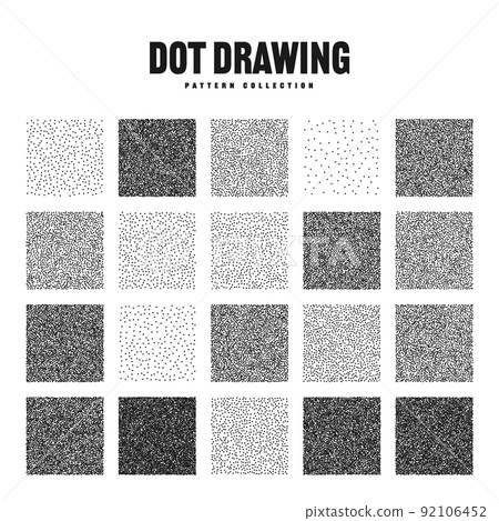 Square shaped dotted objects, stipple elements. Stippling, dotwork drawing, shading using dots. Pixel disintegration, halftone effect. White noise grainy texture, pattern. Vector illustration Square shaped dotted objects, stipple elements. Stippling, dotwork drawing, shading using dots. Pixel disintegration, halftone effect. White noise grainy texture, pattern. Vector illustration 92106452