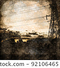 Thunderous sky over the industrial area of the city. High voltage pylon in the foreground. Clouds flying over an apartment building. Digital watercolor painting. Contemporary art. Canvas texture. 92106465