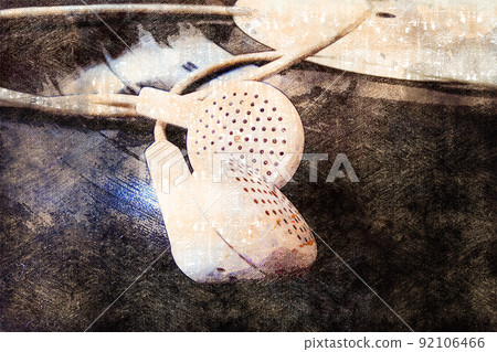 White wired headphones lay on top of a vinyl gramophone record. Digital watercolor painting. Contemporary art. Canvas texture. White wired headphones lay on top of a vinyl gramophone record. Digital watercolor painting. Contemporary art. Canvas texture. 92106466
