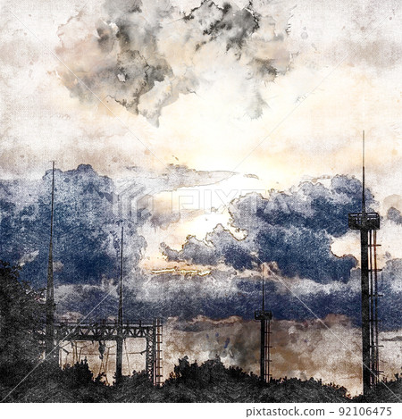 Dark sky with clouds over an industrial area. Gantry crane with a hook. Pillars with floodlights and lightning rods. Digital watercolor painting. Contemporary art. Canvas texture. 92106475