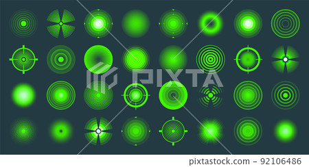 Thermal, night vision scope. Crosshair, gun sight vector icons. Bullseye, target or aim symbol. Military rifle scope, shooting mark sign. Targeting, aiming for a shot. Green radar waves, circles 92106486