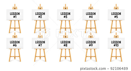 Realistic paint desk with text on white canvas. Wooden easel and a sheet of drawing paper. Presentation board on a tripod. Distance education, online courses and e-learning. Vector illustration 92106489
