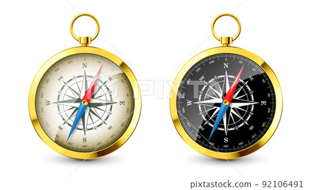 Realistic golden vintage compass with marine wind rose and cardinal directions of North, East, South, West. Shiny metal navigational compass. Cartography and navigation. Vector illustration Realistic golden vintage compass with marine wind rose and cardinal directions of North, East, South, West. Shiny metal navigational compass. Cartography and navigation. Vector illustration 92106491