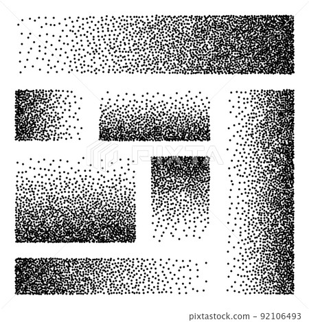 Stipple pattern, dotted rectangular design elements. Stippling, dotwork drawing, shading using dots. Pixel disintegration, random halftone effect. White noise grainy texture. Vector illustration Stipple pattern, dotted rectangular design elements. Stippling, dotwork drawing, shading using dots. Pixel disintegration, random halftone effect. White noise grainy texture. Vector illustration 92106493