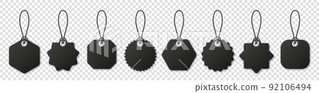 Realistic black price tags collection. Special offer or shopping discount label. Retail paper sticker. Blank promotional sale badge. Vector illustration. Realistic black price tags collection. Special offer or shopping discount label. Retail paper sticker. Blank promotional sale badge. Vector illustration. 92106494