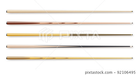 Various wooden billiard cues isolated on white background. Snooker sports equipment. Vintage pool cue. Active recreation and entertainment. Vector illustration Various wooden billiard cues isolated on white background. Snooker sports equipment. Vintage pool cue. Active recreation and entertainment. Vector illustration 92106495