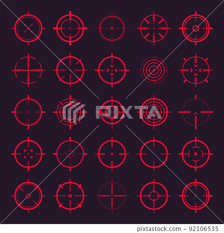 Crosshair, gun sight vector icons. Bullseye, red target or aim symbol. Military rifle scope, shooting mark sign. Targeting, aiming for a shot. Archery, hunting and sports shooting. Game UI element. 92106535