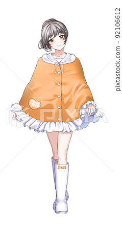 [Natural hair color] Girl in charge of ponytail orange wearing a poncho 92106612