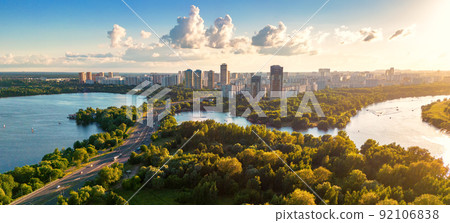 Panorama of Moscow at sunset, Russia. Strogino district in distance. 92106838