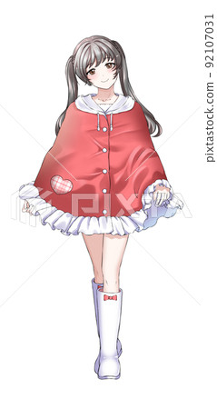 [Natural hair color] Girl in charge of twin tail red wearing a poncho 92107031
