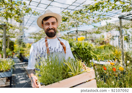 Gardener holding box with plants looking at camera. Gardener holding box with plants looking at camera. 92107092