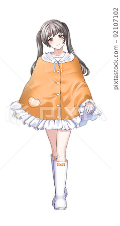 [Natural hair color] Girl in charge of twin tail orange wearing a poncho 92107102