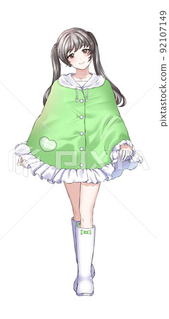 [Natural hair color] Girl in charge of twin tail green wearing a poncho 92107149