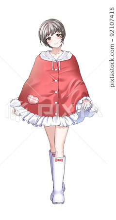 [Natural hair color] A short-cut girl in charge of red wearing a poncho 92107418