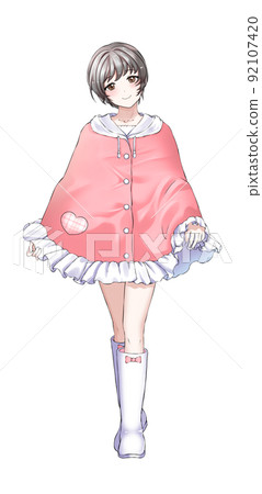 [Natural hair color] Pink short-cut girl wearing a poncho 92107420