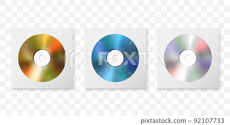 Vector 3d Realistic Golden, Blue and Multicolor CD, DVD in Paper, Plastic Case, Package, Envelope Set Closeup Isolated on White Background. Design Template for Mockup, Copy Space. Top View 92107733