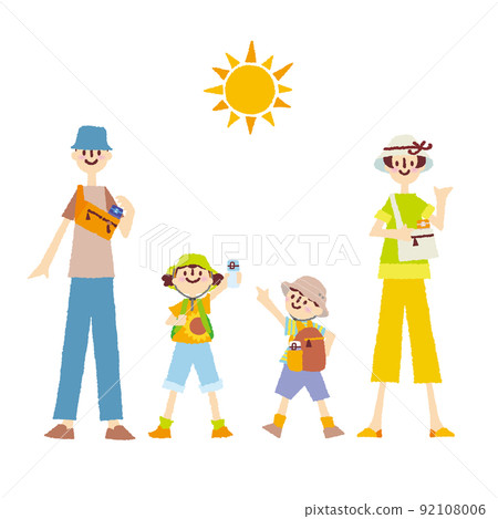 Summer family _ Going out with four family members _ Parents and sisters _ Hats and water bottles _ Hand-drawn illustrations Summer family _ Going out with four family members _ Parents and sisters _ Hats and water bottles _ Hand-drawn illustrations 92108006
