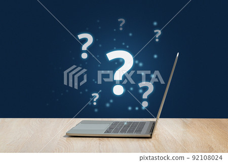 Question mark concept or FAQ. Holographic sign over laptop 92108024