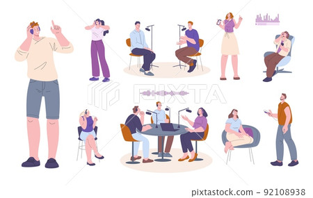 Listen online podcast. Media radio and music on smartphone app. People in headphones listening audio books. Man woman relax kicky vector characters 92108938