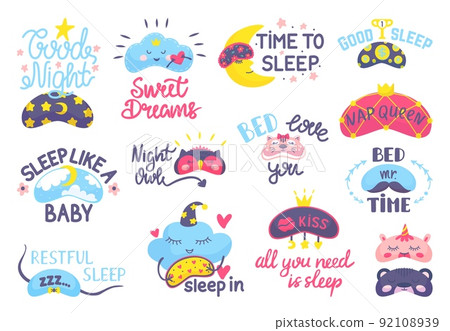 Dream mask. Bedtime elements, cute masks eyes and positive phrases. Night sweet dreams accessories, sleeping beauty girls neoteric vector stickers 92108939