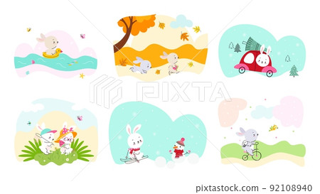 Happy cartoon bunny in different seasons. Cute fun bunnies walk in autumn forest, drive auto with christmas tree. New year holidays and summer time nowaday vector kid prints 92108940