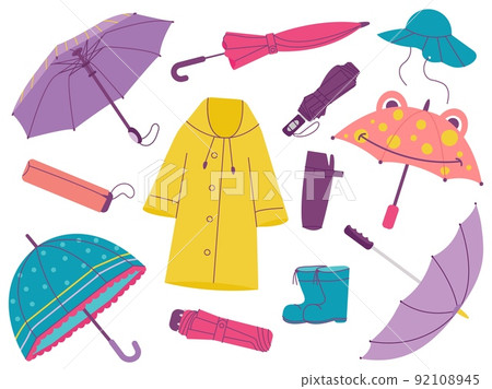 Autumn accessories, umbrella and raincoat, fall boots. Minimal style parasol, creative opened and closed umbrellas. Isolated seasonal protection decent vector elements 92108945