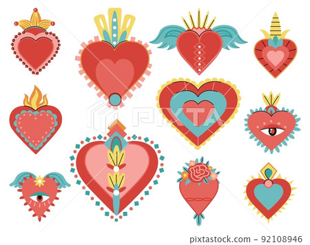 Sacred mexican hearts with fire eye and wings. Retro heart mexico stickers. Fashion tattoos or embroidery patch template. Spiritual magic decent vector elements Sacred mexican hearts with fire eye and wings. Retro heart mexico stickers. Fashion tattoos or embroidery patch template. Spiritual magic decent vector elements 92108946