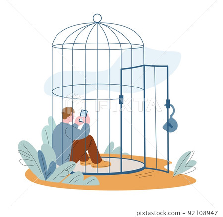 Mental inner prisoner. Oppressed person limit life, seclusion in cage and personal border. Mental health, smartphone and digital addiction kicky vector concept 92108947