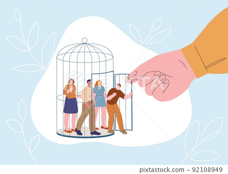 People freedom concept. Crowd exit from cage, giant hand opened door for women and men. Release and open new perspective, expand internal borders kicky vector scene People freedom concept. Crowd exit from cage, giant hand opened door for women and men. Release and open new perspective, expand internal borders kicky vector scene 92108949