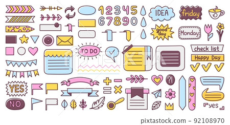 Bullet journal stickers. Calendar daily planner and diary doodle flat elements. Girly journey planning, cute paper notes memo ribbons and neoteric frames vector set Bullet journal stickers. Calendar daily planner and diary doodle flat elements. Girly journey planning, cute paper notes memo ribbons and neoteric frames vector set 92108970