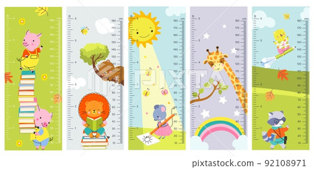 Height chart wall kids meter rulers. Baby room cartoon stickers collection. Children heights measurements with giraffe, rainbow. Kindergarten nowaday vector decor 92108971