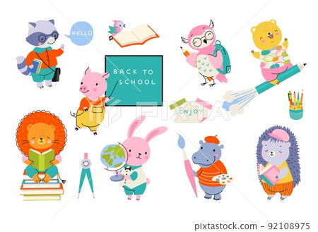 Cute animal back to school to study. Smart animals writing, reading book and drawing. Cartoon pig at blackboard, funny students nowaday vector characters 92108975